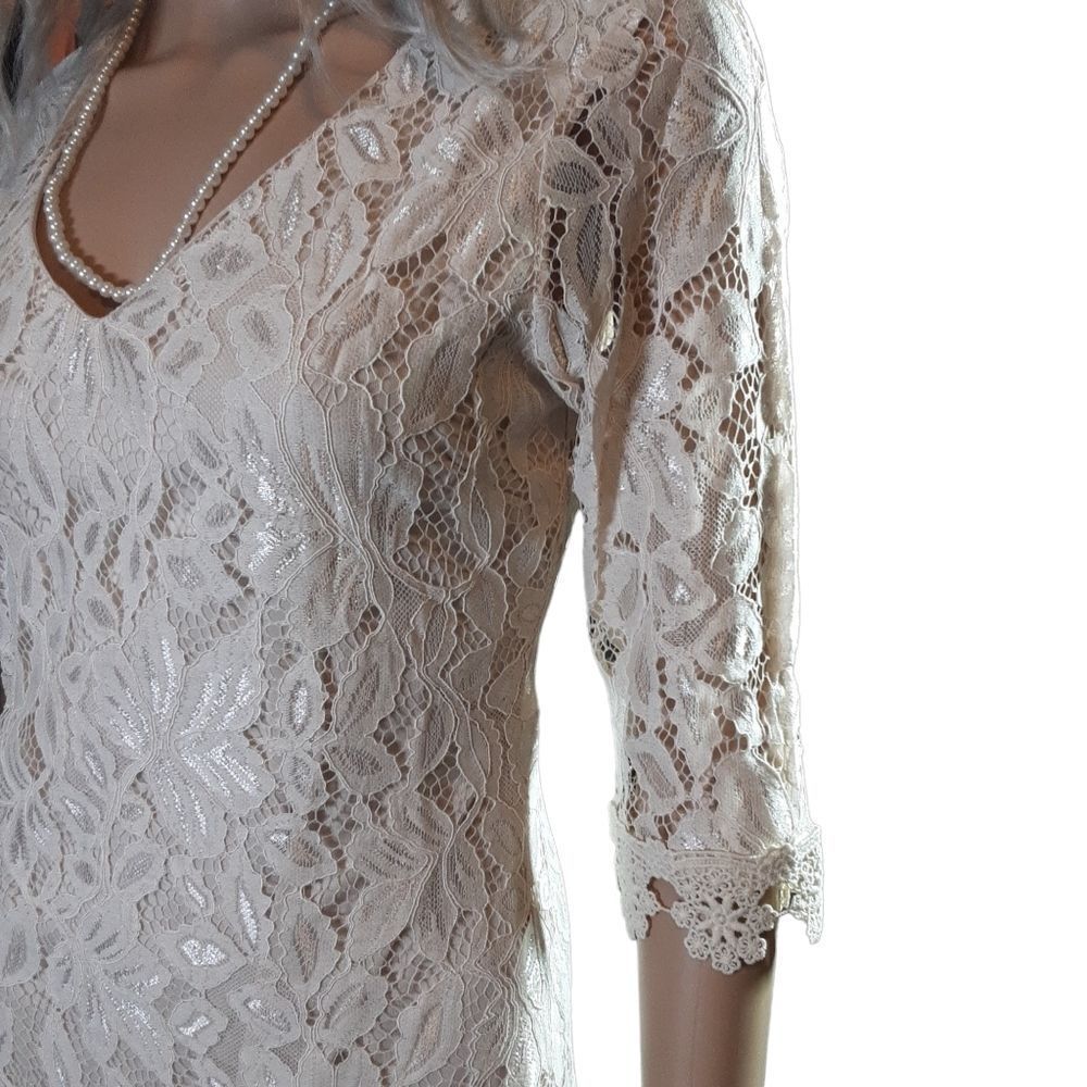 T&J DESIGNS Dress High Low Cream Lace Lined Asymmetrical 36" Bust - Picture 6 of 9